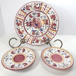 Deruta Italian Pottery Orvieto Red Rooster Dinner Plate & 2 Bread Plates Vintage